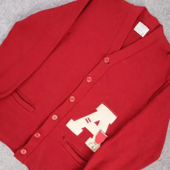 VTG 60s Spaulding Sand Knit Pins Varsity Medium Red Long Sleeve Cardigan Sweater